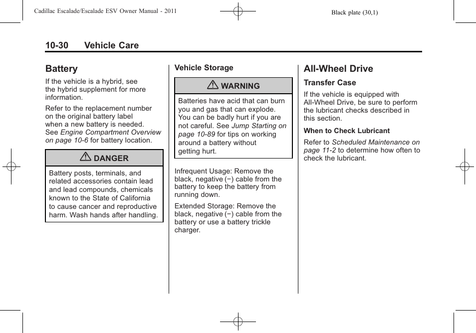 Battery, All-wheel drive, Battery -30 all-wheel drive -30 | Cadillac 2011 Escalade ESV User Manual | Page 434 / 558