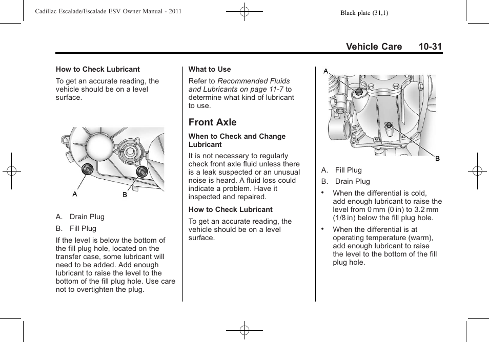 Front axle, Front axle -31, Vehicle care 10-31 | Cadillac 2011 Escalade ESV User Manual | Page 435 / 558