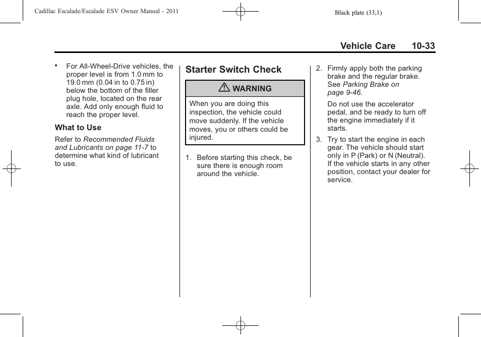 Starter switch check, Starter switch check -33 | Cadillac 2011 Escalade ESV User Manual | Page 437 / 558