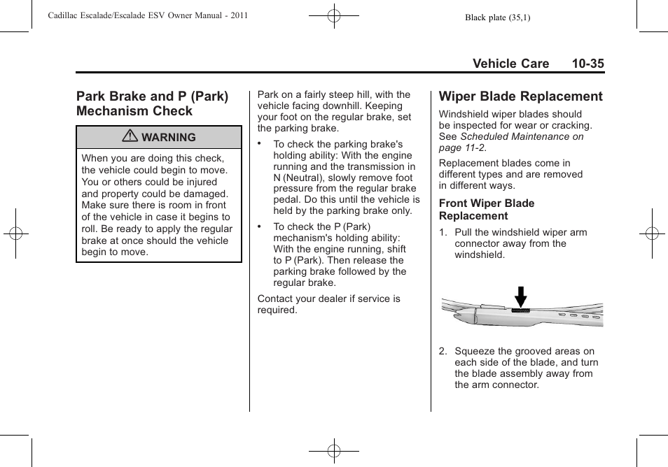 Park brake and p (park) mechanism check, Wiper blade replacement, Park brake and p (park) | Mechanism check -35, Wiper blade | Cadillac 2011 Escalade ESV User Manual | Page 439 / 558