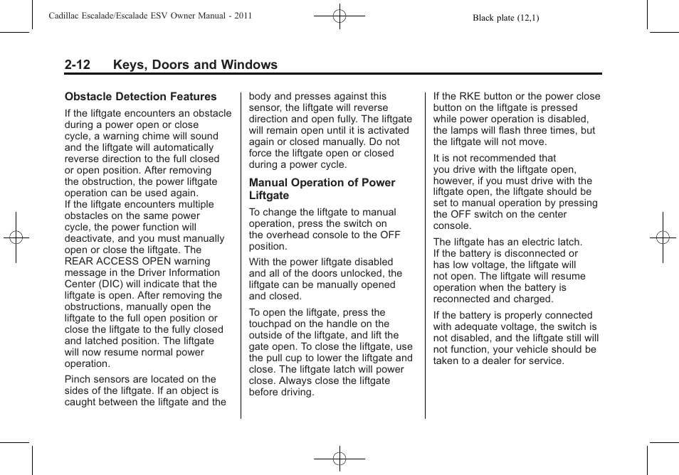 12 keys, doors and windows | Cadillac 2011 Escalade ESV User Manual | Page 44 / 558