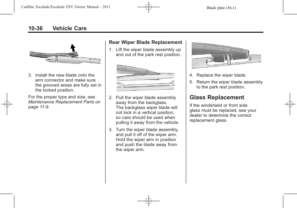 Glass replacement, Replacement -36, 36 vehicle care | Cadillac 2011 Escalade ESV User Manual | Page 440 / 558