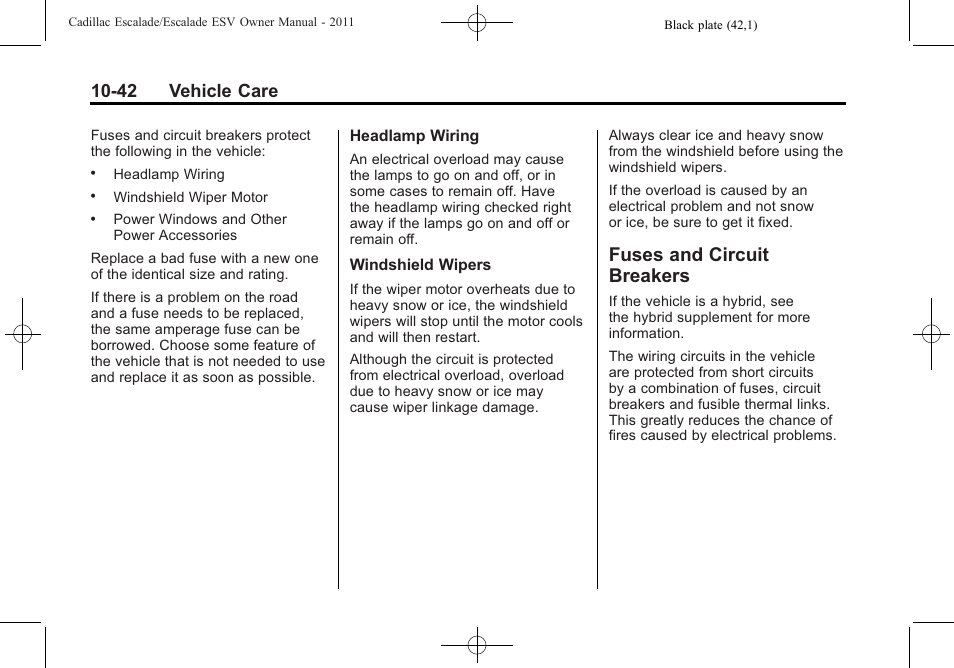 Fuses and circuit breakers, Fuses and circuit, 42 vehicle care | Cadillac 2011 Escalade ESV User Manual | Page 446 / 558