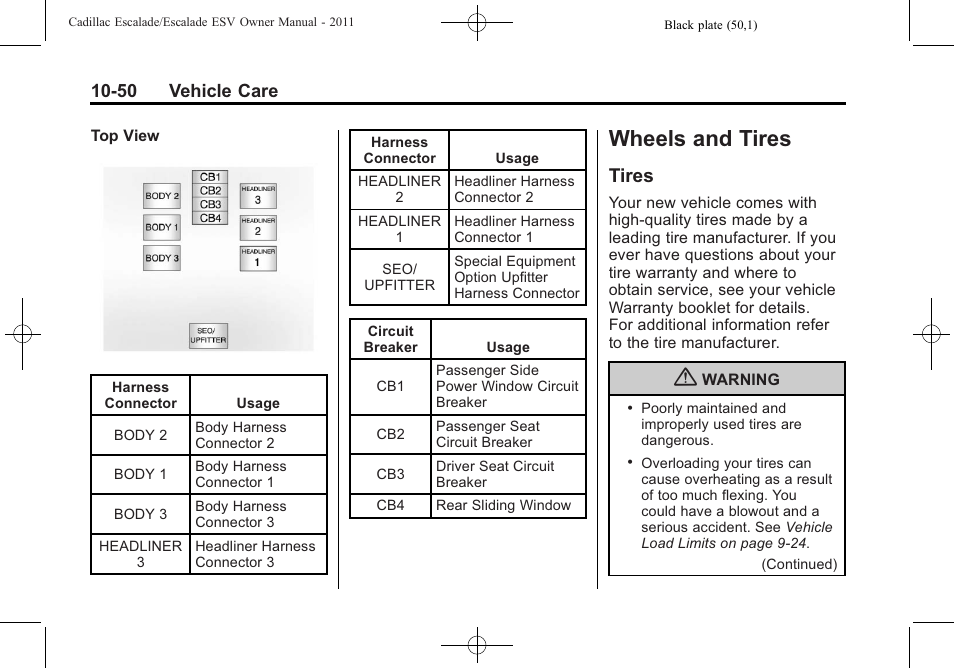 Wheels and tires, Tires, And tires -50 | Tires -50, 50 vehicle care | Cadillac 2011 Escalade ESV User Manual | Page 454 / 558