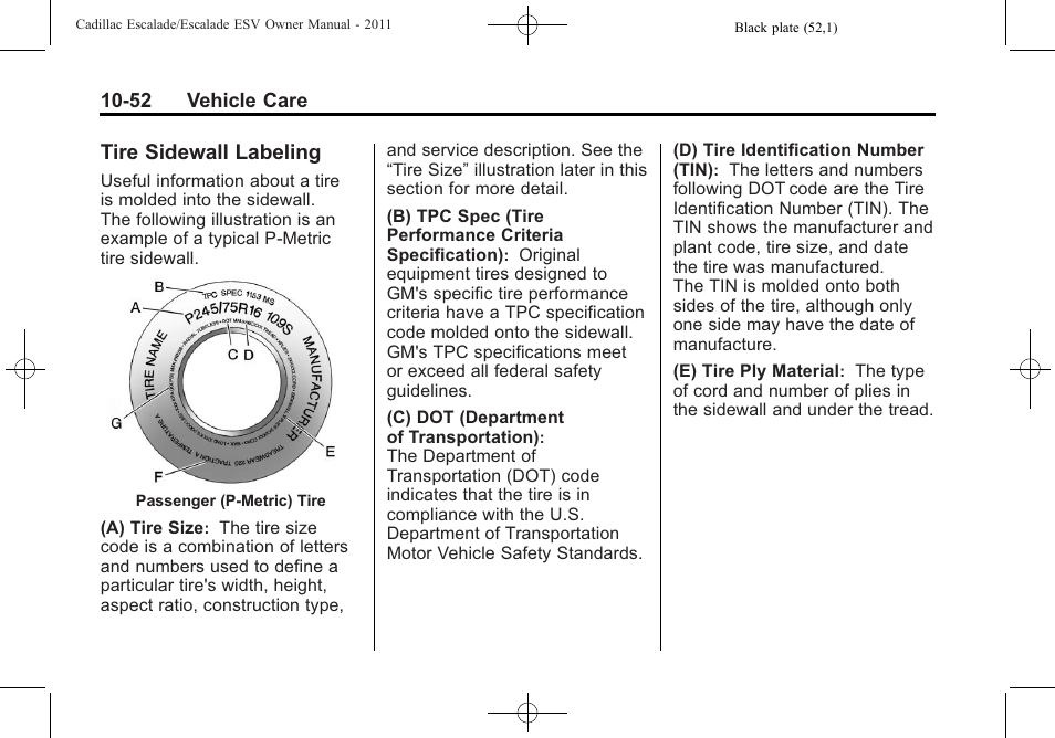 Tire sidewall labeling, Tire sidewall labeling -52 | Cadillac 2011 Escalade ESV User Manual | Page 456 / 558