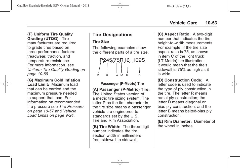 Tire designations, Tire designations -53 | Cadillac 2011 Escalade ESV User Manual | Page 457 / 558