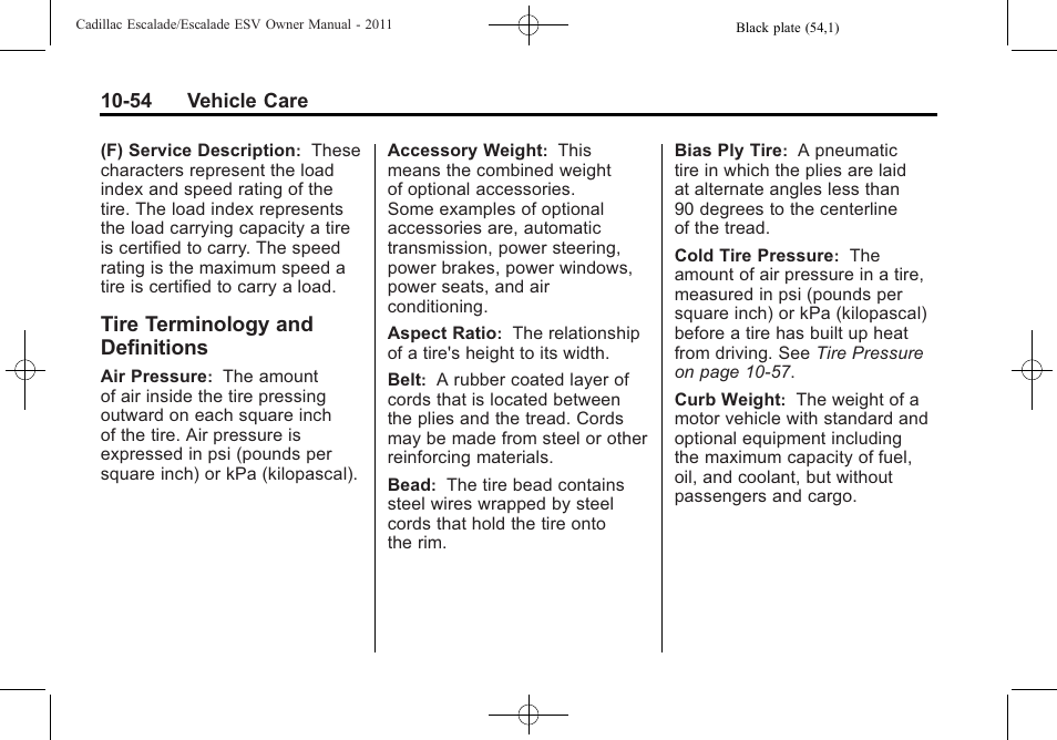 Tire terminology and definitions, Tire terminology and, Definitions -54 | Cadillac 2011 Escalade ESV User Manual | Page 458 / 558