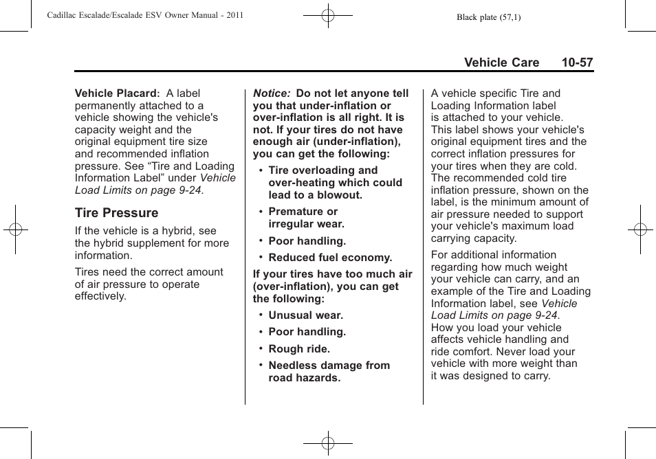 Tire pressure, Tire pressure -57, Vehicle care 10-57 | Cadillac 2011 Escalade ESV User Manual | Page 461 / 558