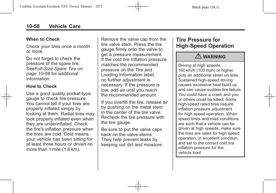 Tire pressure for high-speed operation, Tire pressure for high-speed, Operation -58 | Cadillac 2011 Escalade ESV User Manual | Page 462 / 558