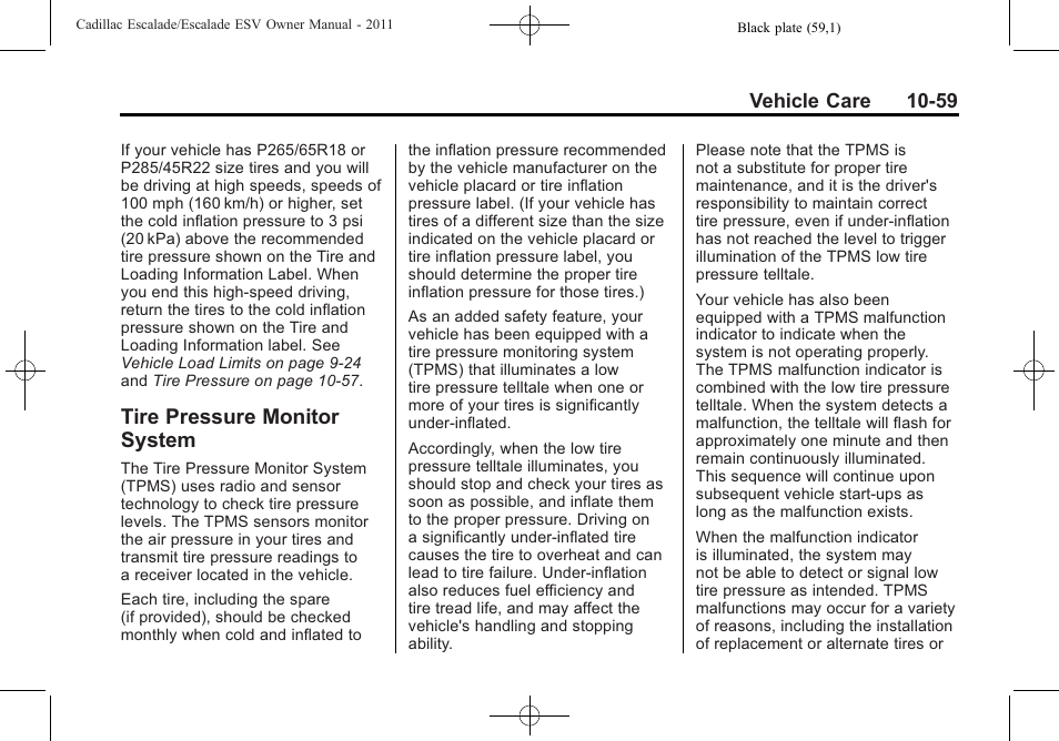 Tire pressure monitor system, Tire pressure monitor, System -59 | Cadillac 2011 Escalade ESV User Manual | Page 463 / 558