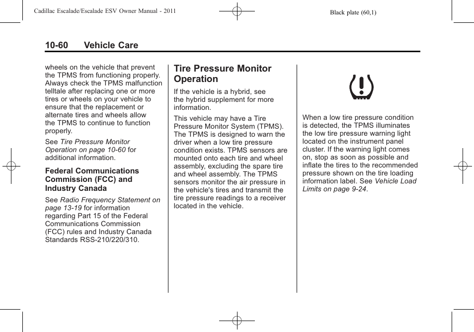 Tire pressure monitor operation, Tire pressure monitor, Operation -60 | Cadillac 2011 Escalade ESV User Manual | Page 464 / 558