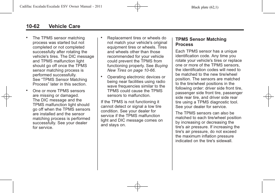 62 vehicle care | Cadillac 2011 Escalade ESV User Manual | Page 466 / 558