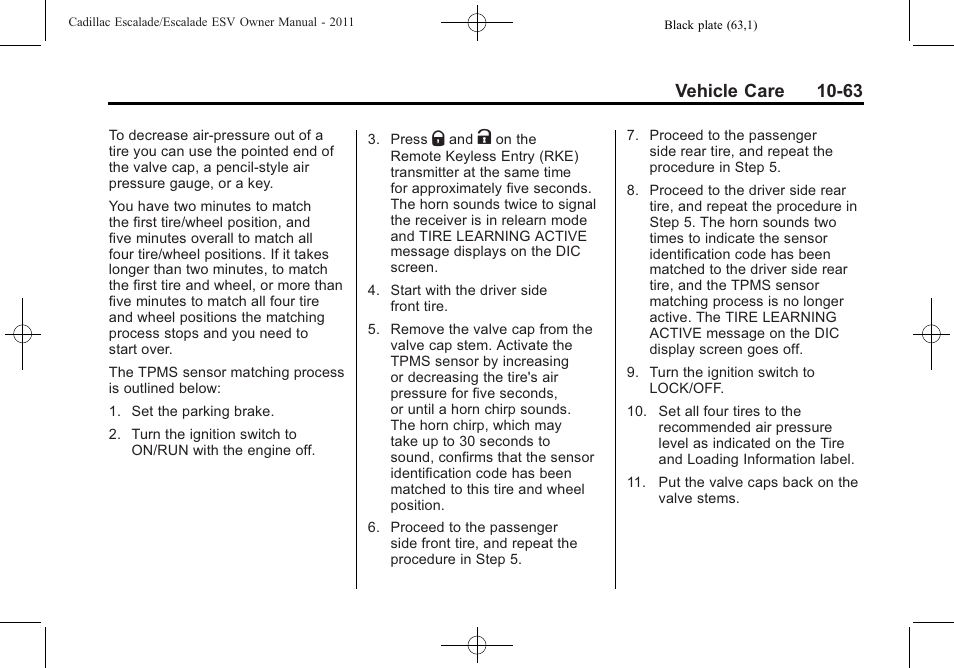 Vehicle care 10-63 | Cadillac 2011 Escalade ESV User Manual | Page 467 / 558