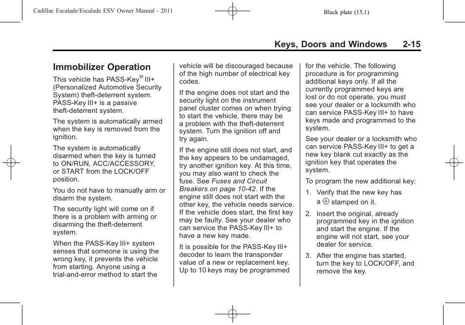 Immobilizer operation, Immobilizer operation -15, Keys, doors and windows 2-15 | Cadillac 2011 Escalade ESV User Manual | Page 47 / 558