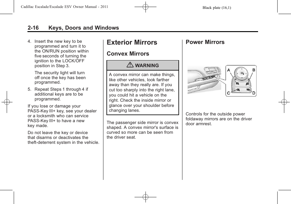 Exterior mirrors, Convex mirrors, Power mirrors | Exterior mirrors -16, Interior lighting, Convex mirrors -16 power mirrors -16 | Cadillac 2011 Escalade ESV User Manual | Page 48 / 558