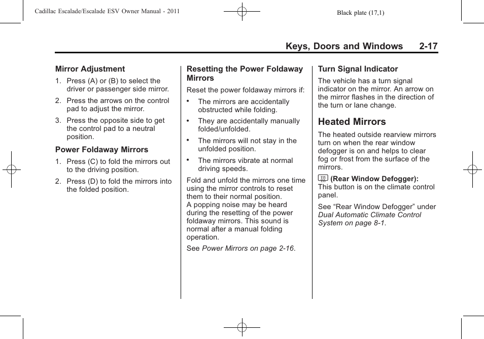 Heated mirrors, Heated mirrors -17, Keys, doors and windows 2-17 | Cadillac 2011 Escalade ESV User Manual | Page 49 / 558