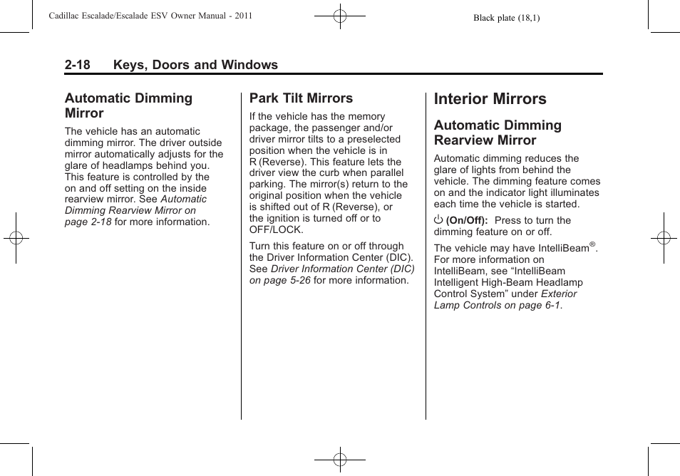 Automatic dimming mirror, Park tilt mirrors, Interior mirrors | Automatic dimming rearview mirror, Interior mirrors -18, Lighting, Automatic dimming mirror -18 park tilt mirrors -18, Automatic dimming rearview | Cadillac 2011 Escalade ESV User Manual | Page 50 / 558