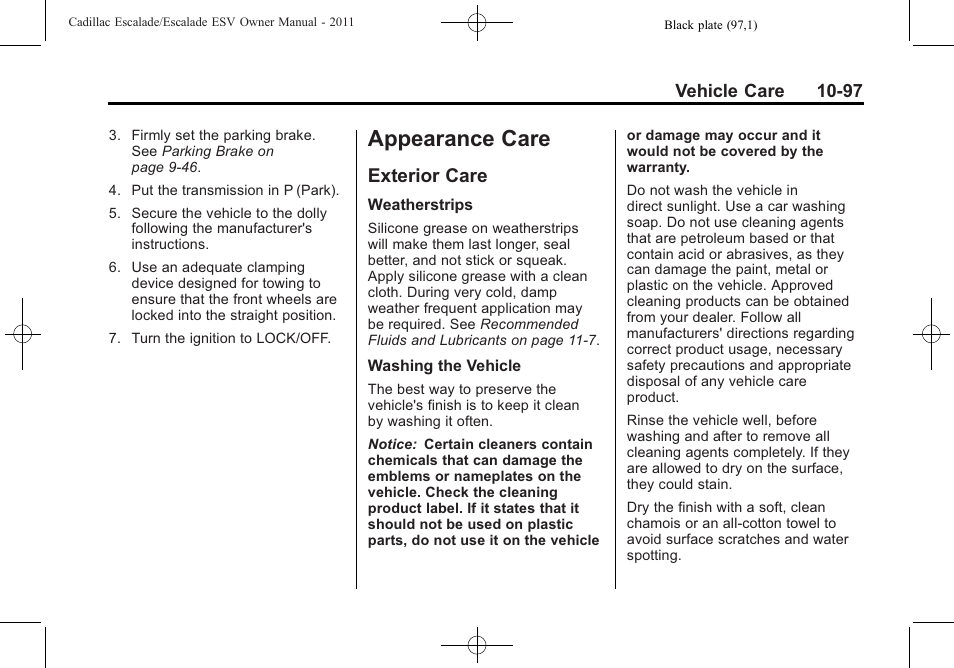 Appearance care, Exterior care, Care -97 | Exterior care -97 | Cadillac 2011 Escalade ESV User Manual | Page 501 / 558