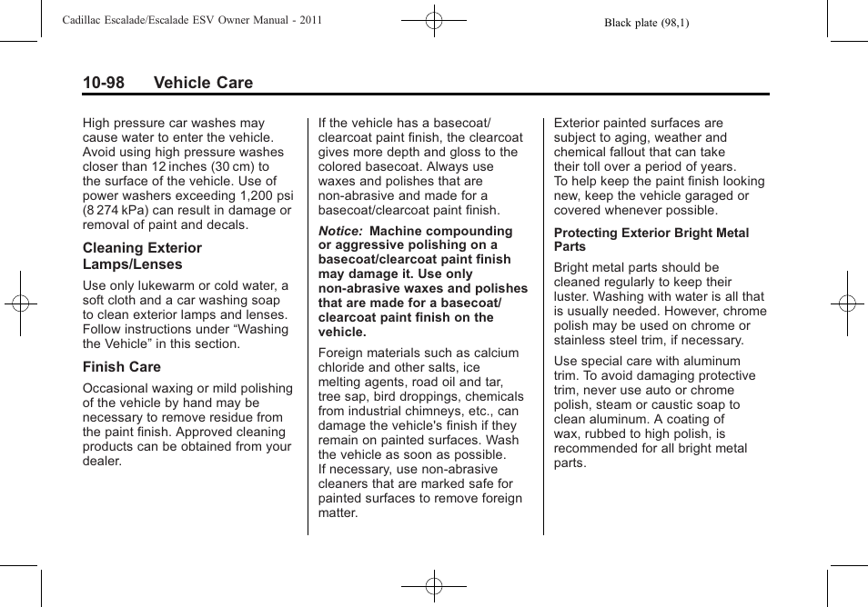 98 vehicle care | Cadillac 2011 Escalade ESV User Manual | Page 502 / 558