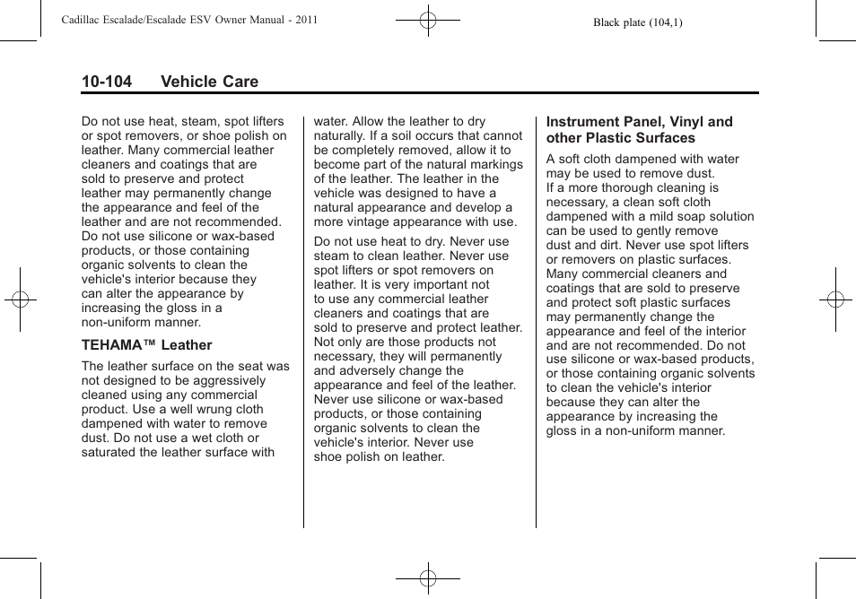 104 vehicle care | Cadillac 2011 Escalade ESV User Manual | Page 508 / 558