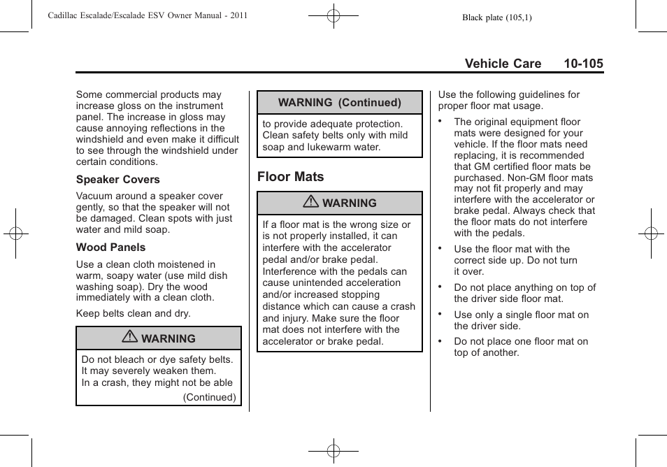 Floor mats, Floor mats -105 | Cadillac 2011 Escalade ESV User Manual | Page 509 / 558