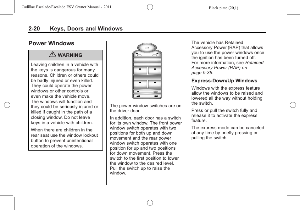 Power windows, Power windows -20 | Cadillac 2011 Escalade ESV User Manual | Page 52 / 558