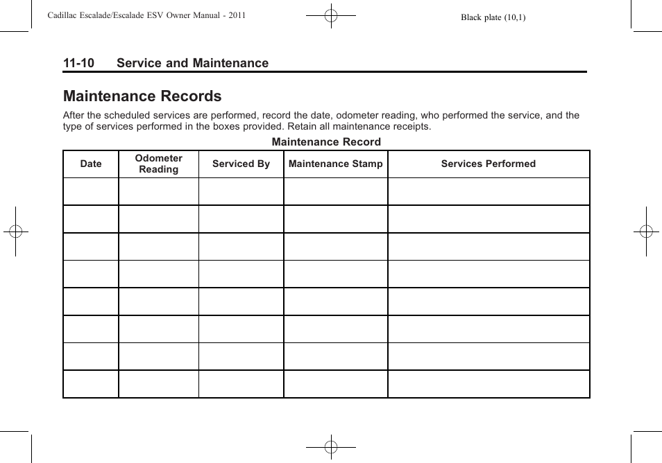 Maintenance records, Maintenance records -10 | Cadillac 2011 Escalade ESV User Manual | Page 520 / 558