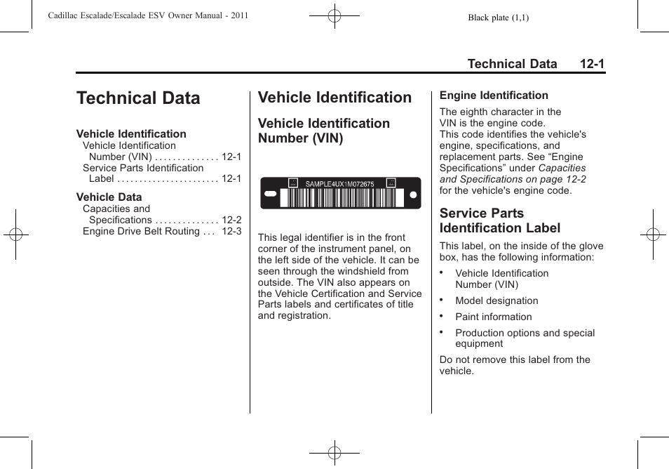 Technical data, Vehicle identification, Vehicle identification number (vin) | Service parts identification label, Technical data -1, Vehicle identification -1, Technical data 12-1 | Cadillac 2011 Escalade ESV User Manual | Page 523 / 558
