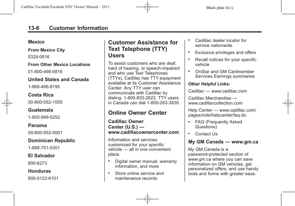 Customer assistance for text telephone (tty) users, Online owner center, Customer assistance for text | Telephone (tty) users -6, Online owner center -6, 6 customer information | Cadillac 2011 Escalade ESV User Manual | Page 532 / 558