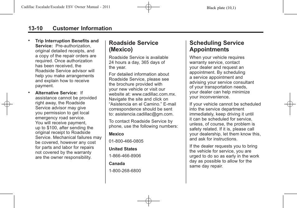 Roadside service (mexico), Scheduling service appointments, Roadside service | Mexico) -10, Scheduling service, Appointments -10, 10 customer information | Cadillac 2011 Escalade ESV User Manual | Page 536 / 558