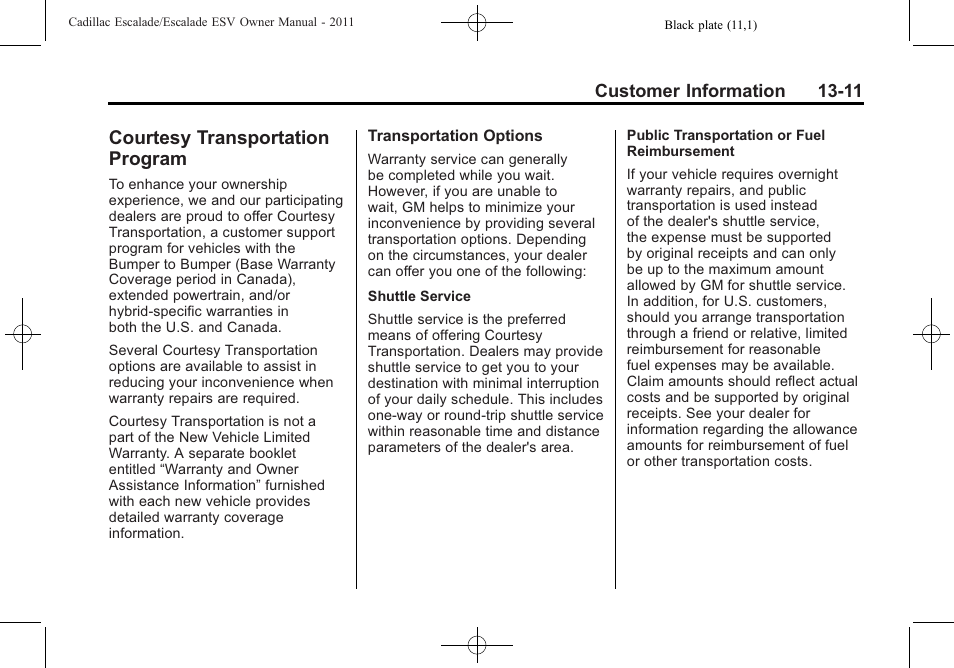 Courtesy transportation program, Courtesy transportation, Program -11 | Cadillac 2011 Escalade ESV User Manual | Page 537 / 558