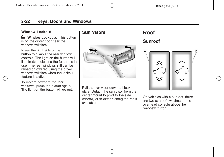 Sun visors, Roof, Sunroof | Roof -22, Infotainment, Sun visors -22, Sunroof -22 | Cadillac 2011 Escalade ESV User Manual | Page 54 / 558