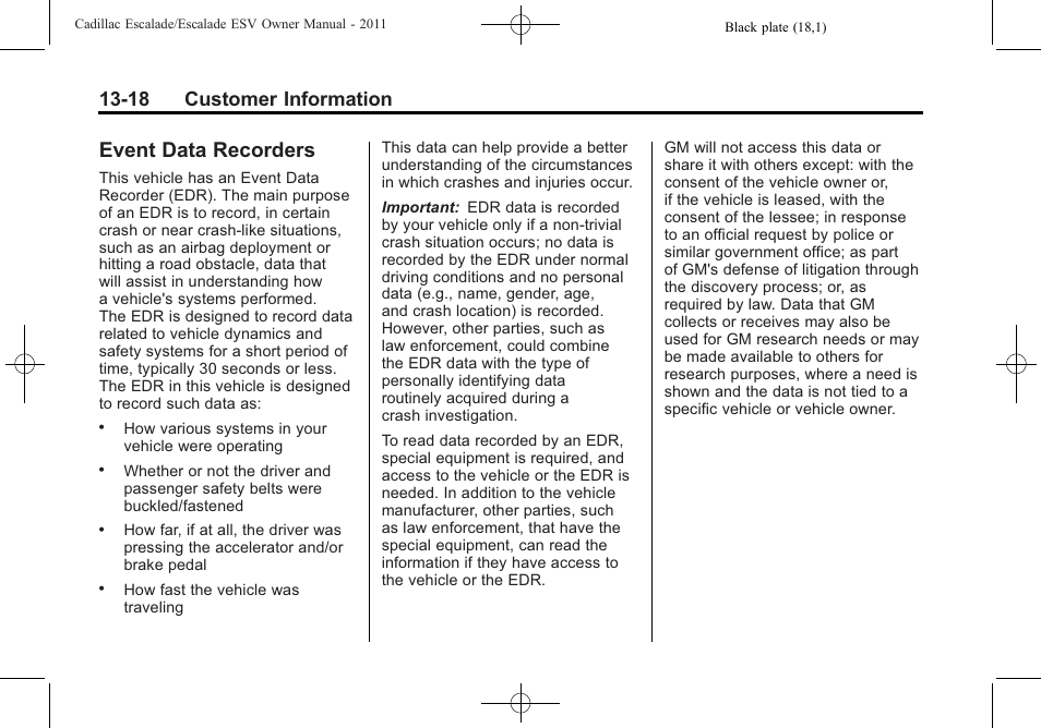 Event data recorders, Event data recorders -18, 18 customer information | Cadillac 2011 Escalade ESV User Manual | Page 544 / 558