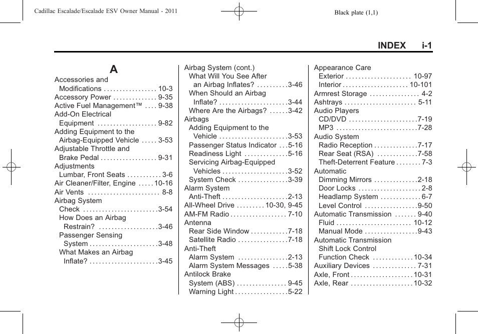 Index, Index_a, Index i-1 | Cadillac 2011 Escalade ESV User Manual | Page 547 / 558