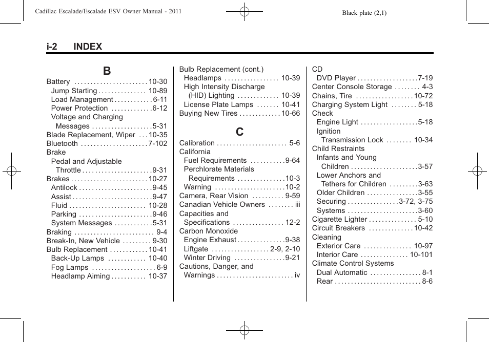 Index_b, Index_c, I-2 index | Cadillac 2011 Escalade ESV User Manual | Page 548 / 558