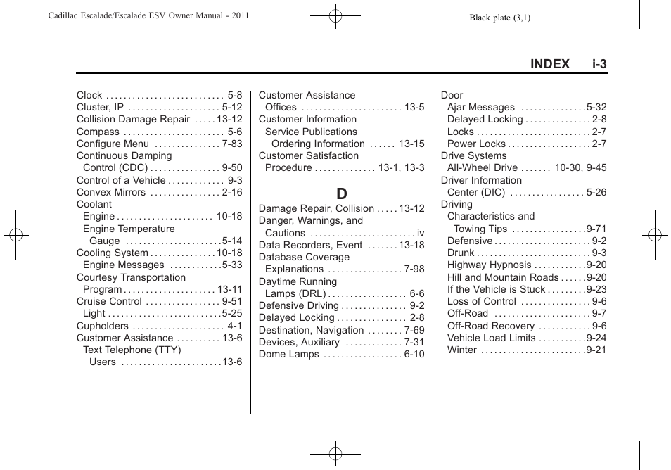 Index_d, Index i-3 | Cadillac 2011 Escalade ESV User Manual | Page 549 / 558