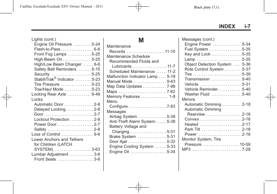 Index_m, Index i-7 | Cadillac 2011 Escalade ESV User Manual | Page 553 / 558