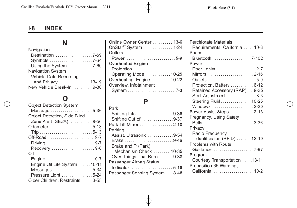 Index_n, Index_o, Index_p | I-8 index | Cadillac 2011 Escalade ESV User Manual | Page 554 / 558