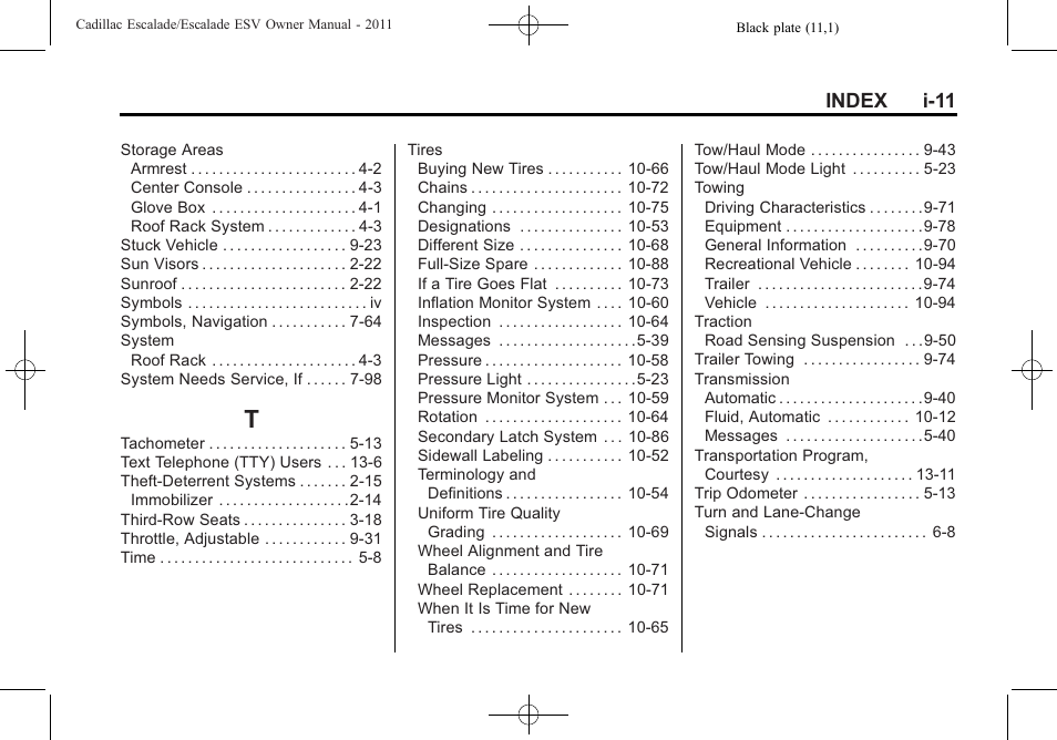 Index_t, Index i-11 | Cadillac 2011 Escalade ESV User Manual | Page 557 / 558