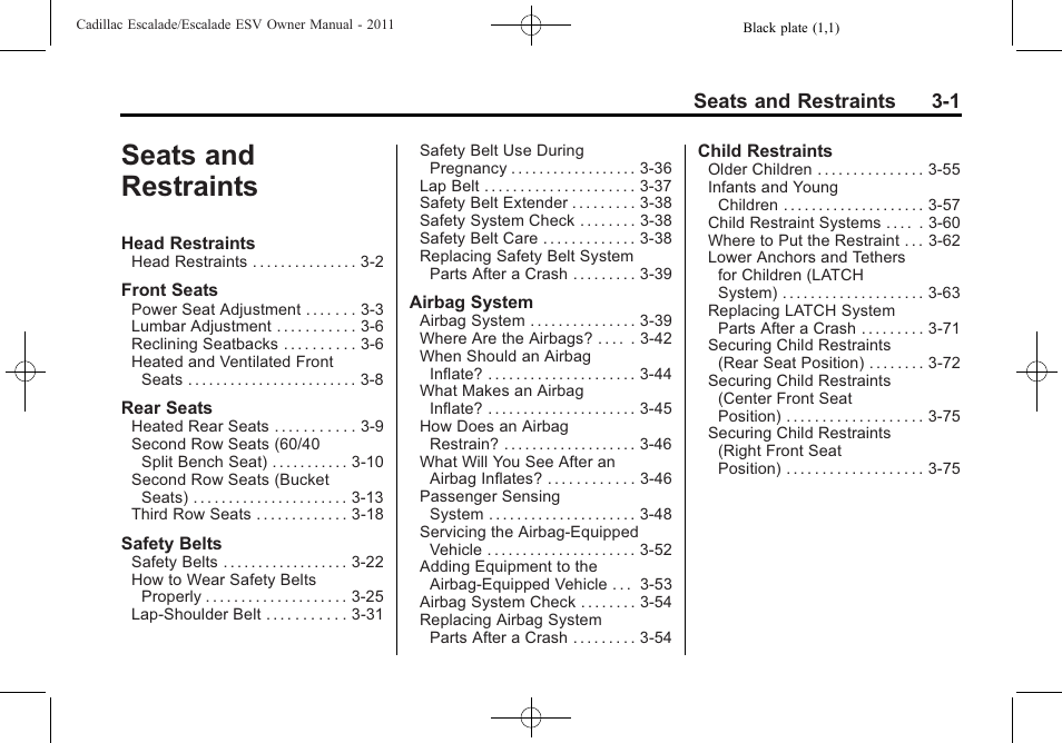 Seats and restraints, Seats and restraints -1, Seats and restraints 3-1 | Cadillac 2011 Escalade ESV User Manual | Page 57 / 558