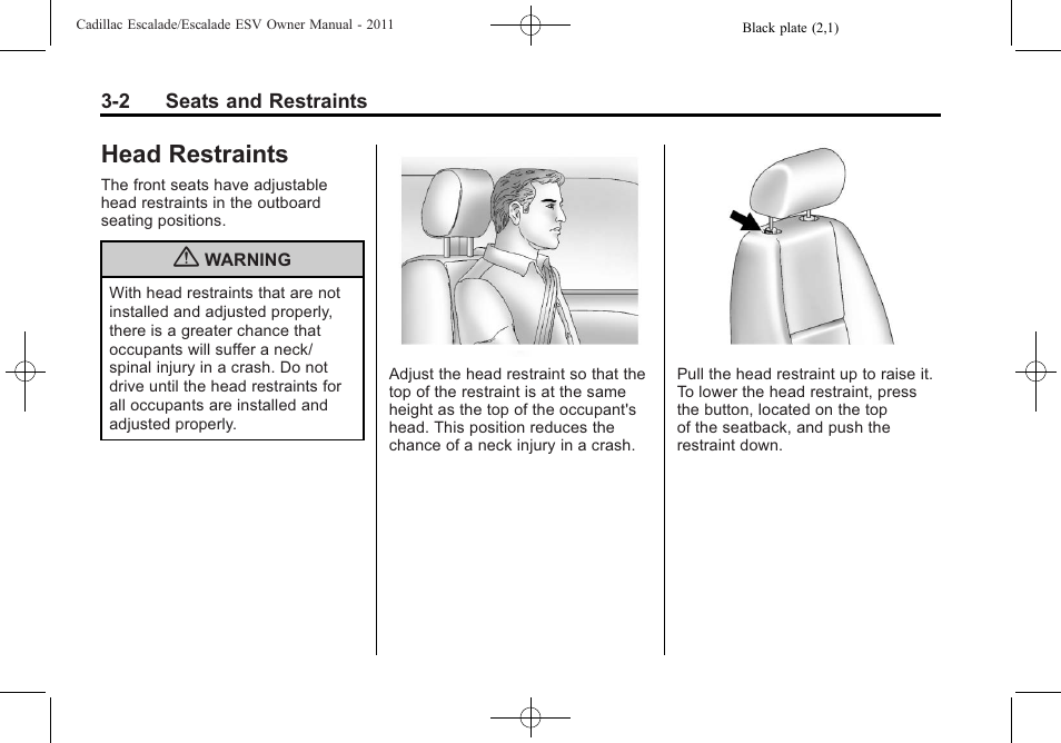 Head restraints, Head restraints -2 | Cadillac 2011 Escalade ESV User Manual | Page 58 / 558