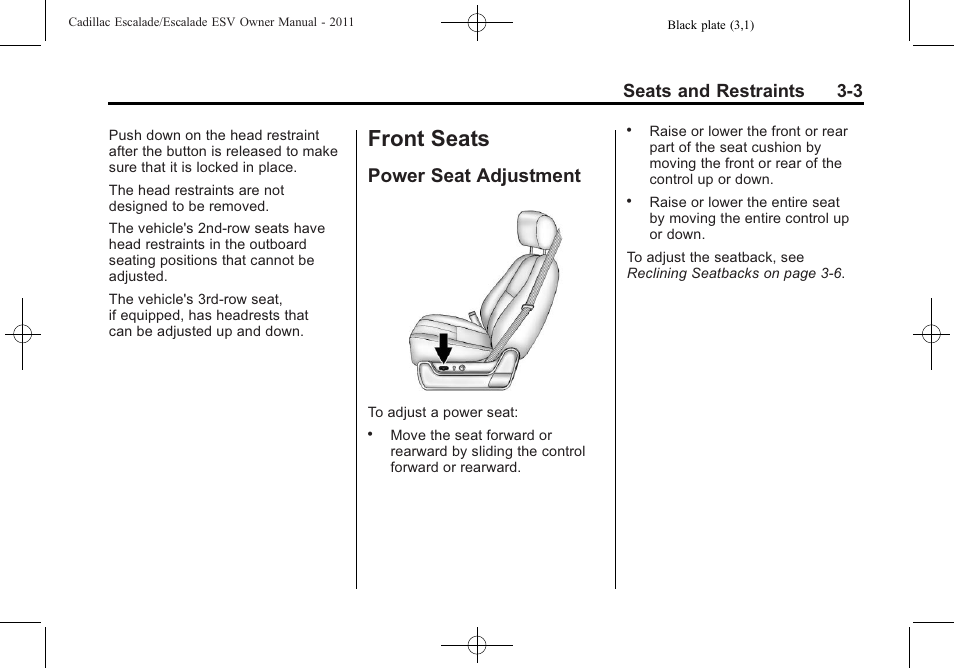 Front seats, Power seat adjustment, Front seats -3 | Rear seat infotainment, Power seat adjustment -3, Airbag, Seats and restraints 3-3 | Cadillac 2011 Escalade ESV User Manual | Page 59 / 558