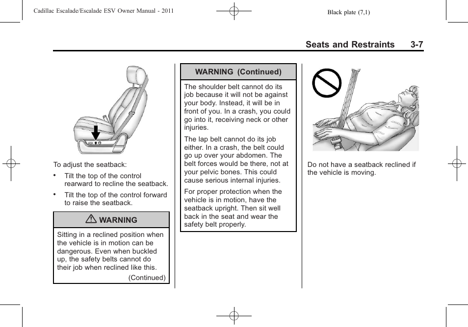 Seats and restraints 3-7 | Cadillac 2011 Escalade ESV User Manual | Page 63 / 558