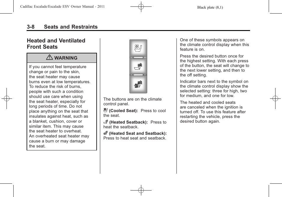 Heated and ventilated front seats, Heated and ventilated front, Seats -8 | Cadillac 2011 Escalade ESV User Manual | Page 64 / 558