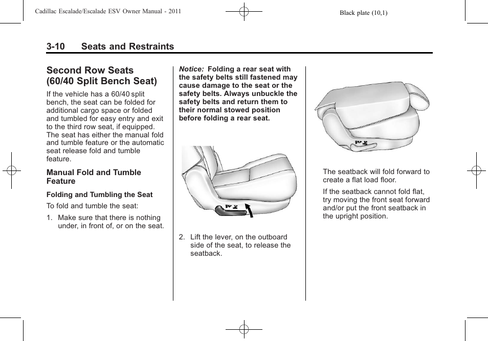 Second row seats (60/40 split bench seat), Second row seats (60/40, Split bench seat) -10 | What | Cadillac 2011 Escalade ESV User Manual | Page 66 / 558