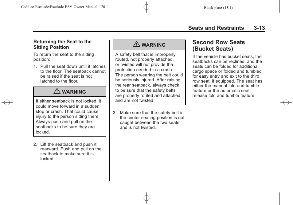 Second row seats (bucket seats), Second row seats (bucket, Seats) -13 | Passenger | Cadillac 2011 Escalade ESV User Manual | Page 69 / 558