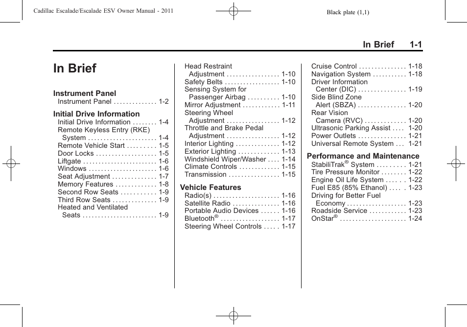 In brief, In brief -1 | Cadillac 2011 Escalade ESV User Manual | Page 7 / 558