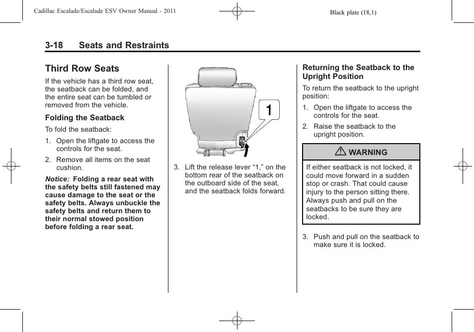 Third row seats, Third row seats -18, System | Cadillac 2011 Escalade ESV User Manual | Page 74 / 558