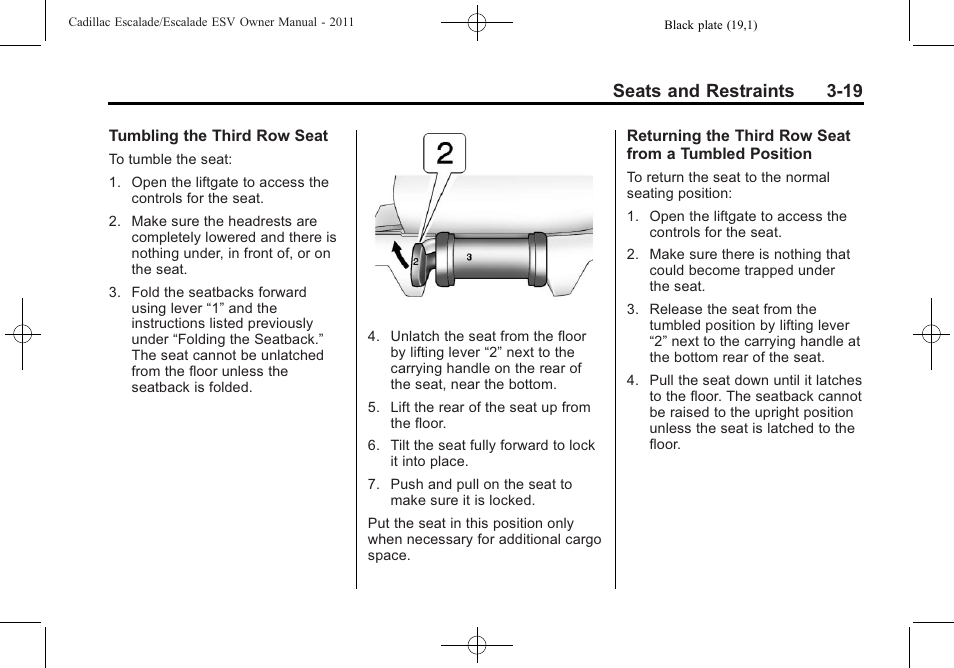 Seats and restraints 3-19 | Cadillac 2011 Escalade ESV User Manual | Page 75 / 558