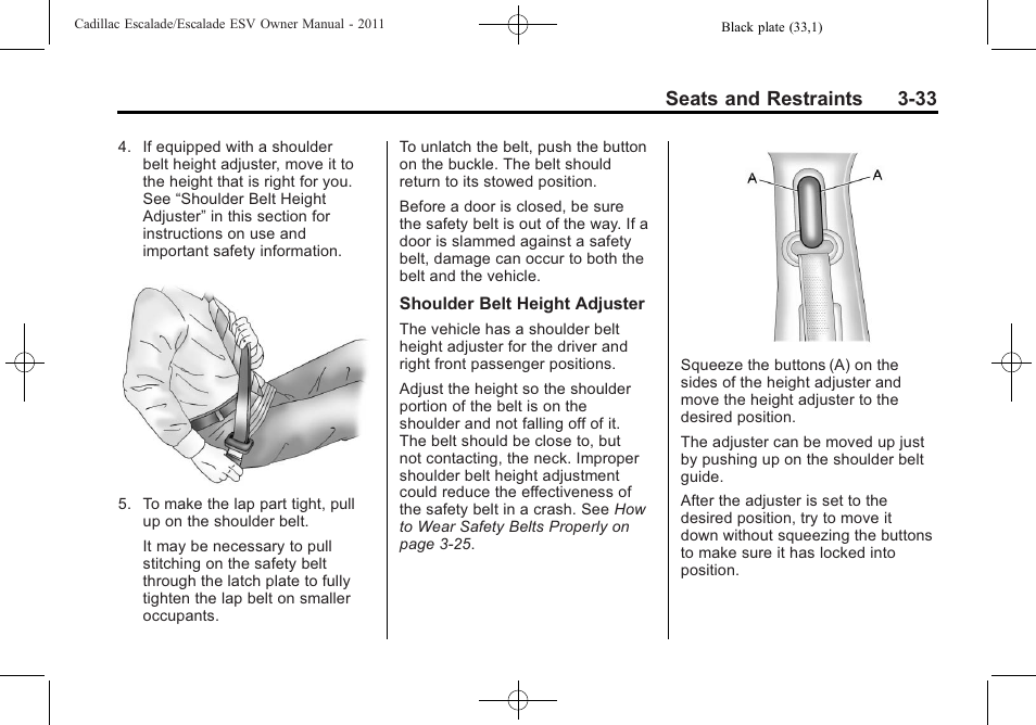 Seats and restraints 3-33 | Cadillac 2011 Escalade ESV User Manual | Page 89 / 558